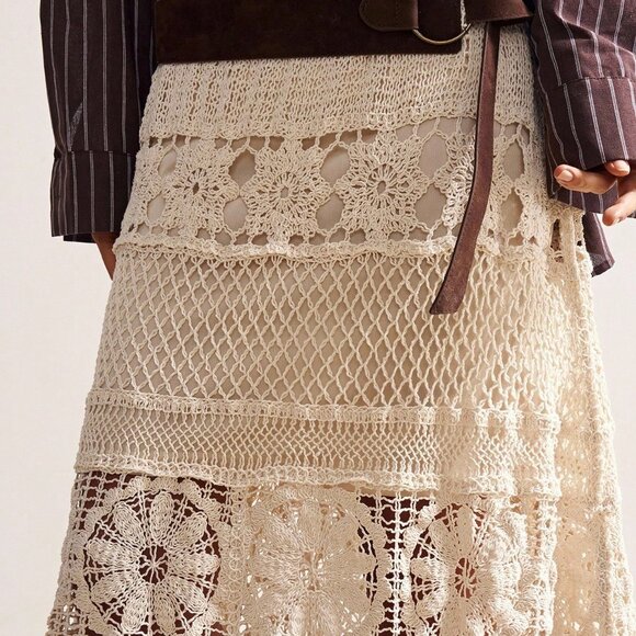 Apricot Casual Women's Boho Vacation Crochet Hollow-Out Sweater Skirt - Picture 10 of 10